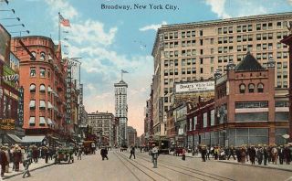 Broadway Antique Car Trucks Signs Flag Street Scene 1919 York City Vtg P89