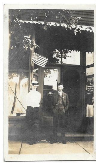 1910s Men In Front Of Store American Flag Suit Hat Vintage Photo