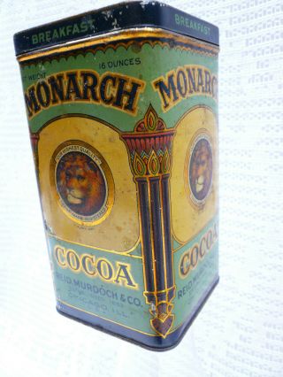 Antique Monarch Breakfast Cocoa Tin Litho Can Grocery Hinged Lid Advertising Vtg