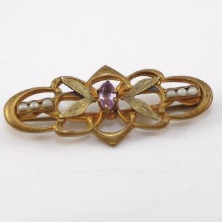 Vtg Antique Victorian Gold Filled Purple Stone Pearl Flower Pin Brooch Qyk5