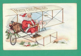 Vintage Whitney Christmas Postcard Santa Claus Biplane Sac Toys Snow Bird