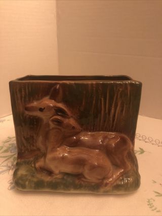 Lg Vintage Ceramic Deer Planter With Doe And Fawn Brown And Green 5x6