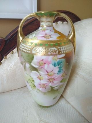 Antique Nippon Hand Painted Floral Vase Raised Gilt And Handles Small Leaf 9 "