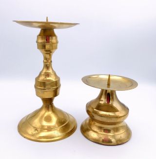 Two Vintage Brass Pillar Candle Holders Candlesticks India 6.  75 " And 3.  25 "
