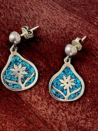 Vintage Taxco 925 Sterling Silver Turquoise Inlay Flower Dangle Post Earrimgs 4g