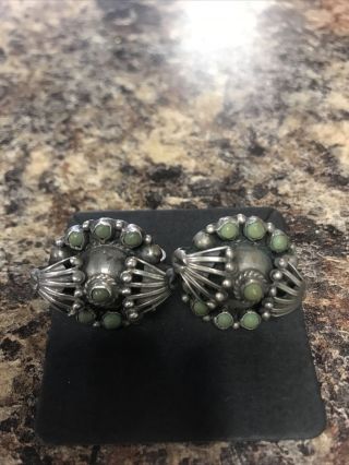 Gorgeous Vintage Modernist Green Turquoise Mexico Sterling Silver Clip Earrings