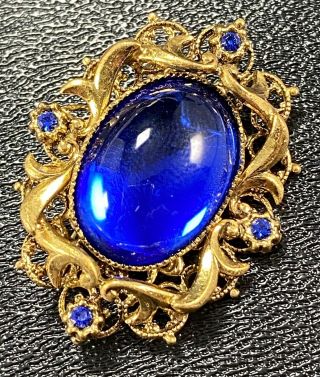 Vintage Brooch Pin 1.  5” Blue Glass Cabochon Crystal Rhinestones Gold Tone