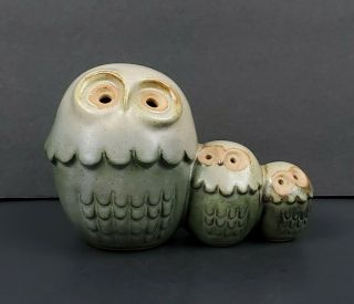 Vintage Uctci Japan Stoneware Owl Family Figurine Greenish Gray Tan 4 " X 6 " Euc