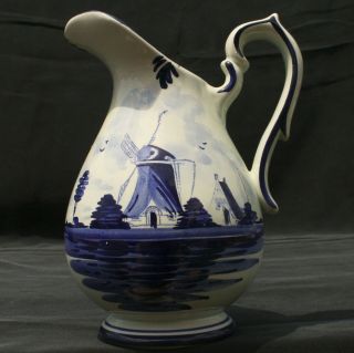 Vintage Hand Painted Delft Pitcher Blue White Windmill Holland 6 - 1/2 " Pottery