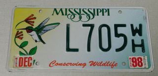 1998 Mississippi Conserving Wildlife Hummingbird License Plate