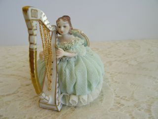 Vintage Muller Volkstedt Irish Dresden Figurine Porcelain Lace Lady - With Harp