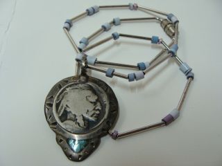 Vtg Sterling Silver 925 Buffalo Nickel Indian Turquoise Bead Pendant Necklace