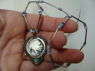 Vtg Sterling Silver 925 Buffalo Nickel Indian Turquoise Bead Pendant Necklace 2