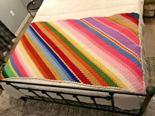 Vintage 1970s Handmade Crochet Afghan Blanket Rainbow Stripes Boho 37 " X 62 "