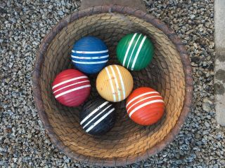 Vintage Set Of 6 Wooden Ribbed Striped Croquet Balls 3 - 1/4 "