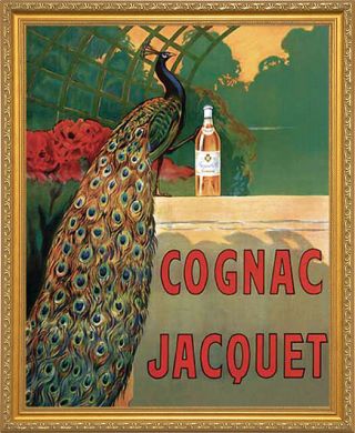 Cognac Jacquet By Leonetto Cappiello.  Peacock.  Vintage Ad Poster.  Gold Frame