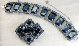Vintage Art Deco Blue (s) Rhinestone Cabochon Cocktail Bracelet & Brooch Set