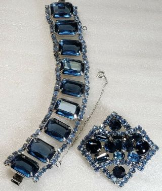 Vintage Art Deco Blue (s) Rhinestone Cabochon Cocktail Bracelet & Brooch Set 2