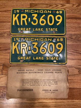 Vintage Pair 1968 Michigan License Plates Set Kr 3609 Great Lakes State