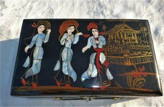 Vintage Japanese Lacquer Mother Of Pearl Jewelry Box With 3 Girls Wonderful