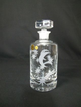 Rare Block Crystal Clear Decanter Bottle W/topper Etched Sun,  Moon,  Stars