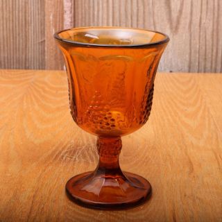 Vintage Amber Glass Grape Pattern Goblet Footed Wine Glass Water