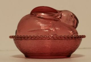 Vintage Dark Pink Bunny Rabbit On A Nest Glass Candy Dish With Lid