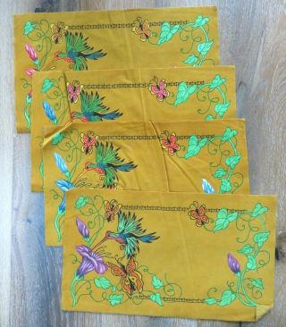 (4) Vintage Artex Tri - Chem Painted Cloth Placemat - Hummingbird & Flowers
