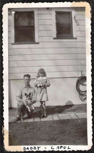 Antique Vintage Photograph Little Girl W/ Doll & Dad W/ Boston Terrier Puppy Dog