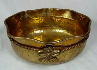 Vintage Hammered Brass/copper Planter Pot Bowl W/twisted Rope And Bow Tie Accent