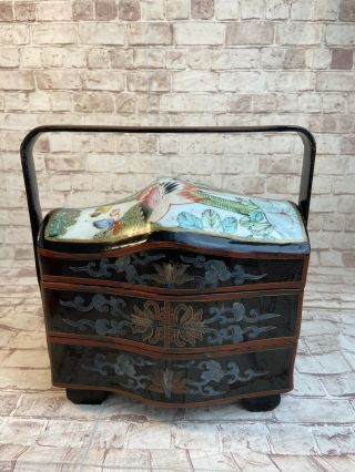 Antique Jubako Lacquered Wooden 3 Tiered Stacked Bento Box Porcelain Painted Vtg