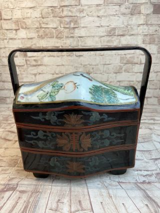 Antique Jubako Lacquered Wooden 3 Tiered Stacked Bento Box Porcelain Painted Vtg 2