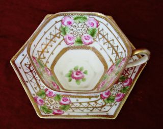 Antique Noritake Porcelain Tea Cup & Saucer,  Pink Roses,  Raised Gilding,  Hexagon