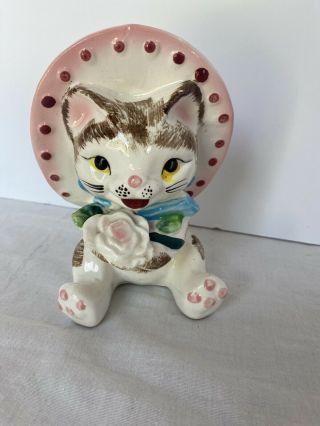 Vintage Cat With Hat Cowgirl And Holding A Flower Planter Kitty 6 1/2 " Crazing
