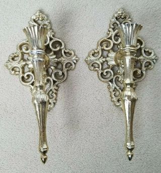 Set Of 2 Vintage Wall Candle Sconces Ornate Gold Tone Metal Wall Candle Holders