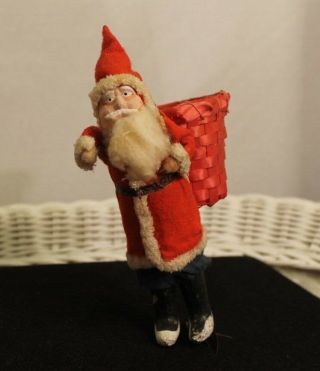 Antique Paper Mache Face Santa Claus Cloth Coat Porcelain Legs Add On Basket