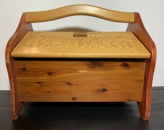 Vtg Wood Carved Floral Design Portable Small Sewing Box With Handle