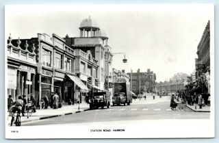 Postcard Station Road Harrow Rppc Bw Vintage Cars Bw Charles Skilton Ltd Shops