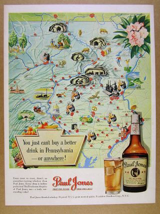 1950 Pennsylvania Map Cities Landmarks Art Paul Jones Whiskey Vintage Print Ad