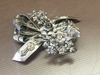 Antique Sterling Silver Flowers And Bow Brooch 3 " Real Pretty