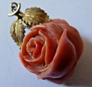 Antique Carved Coral Rose And Gold Plated Pendant