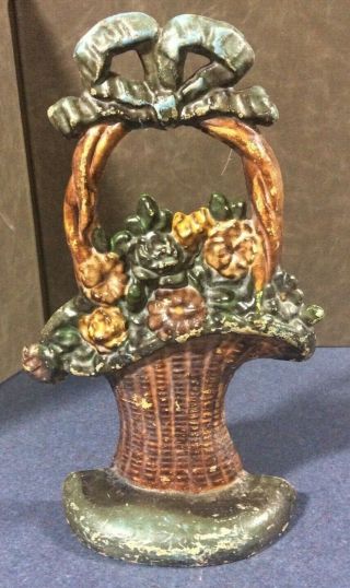 Vintage Hubley Cast Iron Door Stop Flower Basket 10 1/2 " Paint
