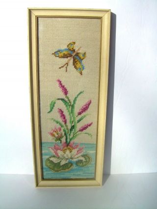 Vtg Completed & Framed Needlepoint Lily Pad Flower & Butterfly 17 X 7 Euc