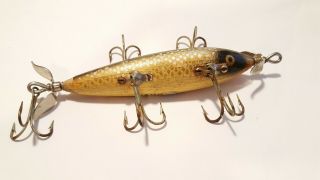 Vintage Heddon Dowagiac Minnow 150 Fishing Lure.  Old Wood 5 Hook.  Marked Props