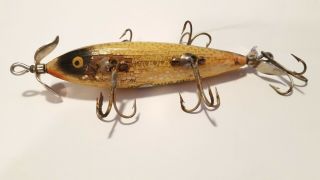 Vintage Heddon Dowagiac Minnow 150 Fishing Lure.  Old Wood 5 Hook.  Marked Props 2