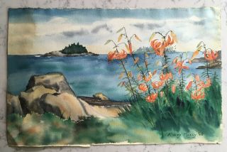 Vintage Watercolor Painting Artist Signed Floral Seascape Audrey Maxcy 1960