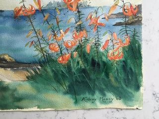 VINTAGE WATERCOLOR PAINTING ARTIST SIGNED FLORAL SEASCAPE AUDREY MAXCY 1960 2