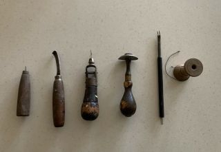 Vintage Leather Tools Includes Sewing Awl,  Wooden Spool.  (6 Items)