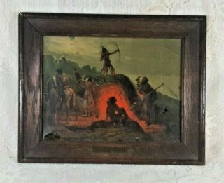 Antique Native American Indian Lithograph Print Wood Framed 19th Cen In Battle