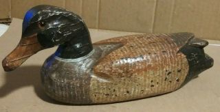 Antique Vintage Hand Painted Carved Wood Duck Decoy - Glass Eyes